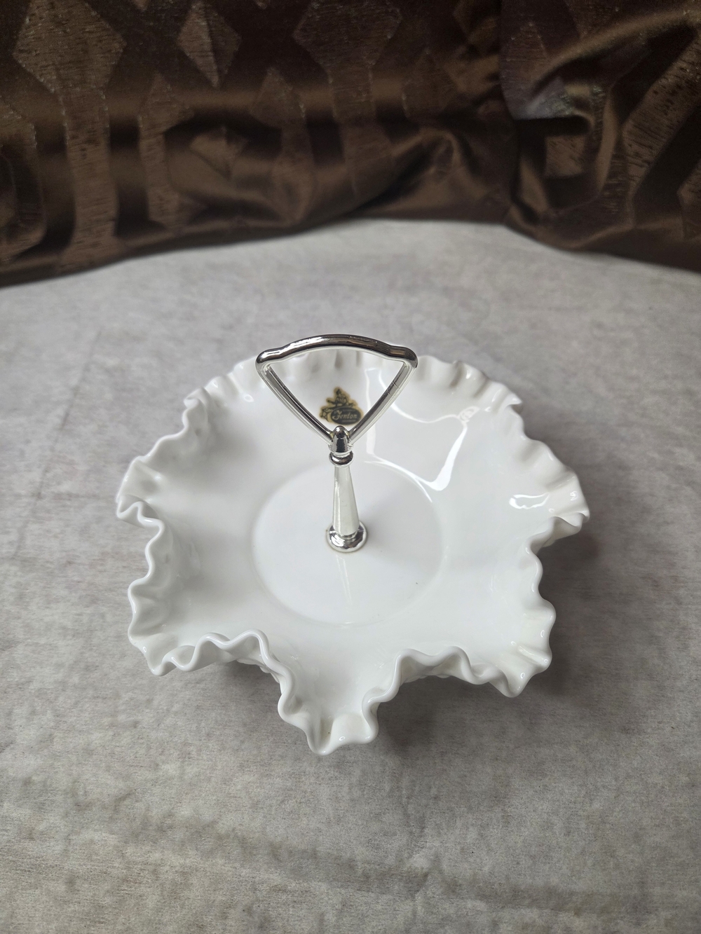 Fenton White Ruffled Ceramic Single-Tier Handle Server